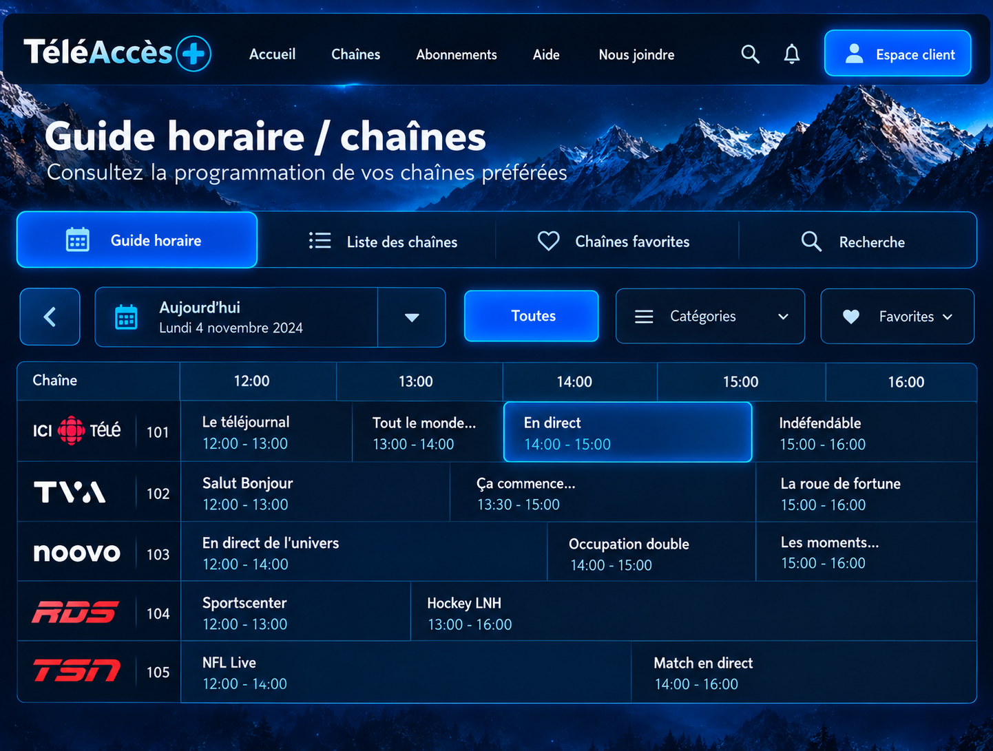 Guide horaire / chaînes — Espace client